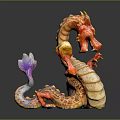 Colorful Dragon Sculpture With Red Yellow Purple Scales Curved Body And Golden Orb