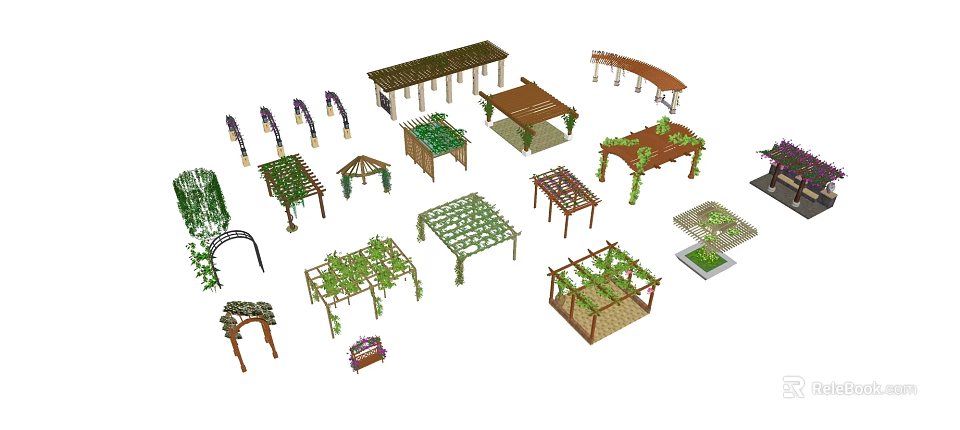 Various Garden Structures Including Pergolas Arches Gazebos And Trellises With Climbing Plants 3d model 