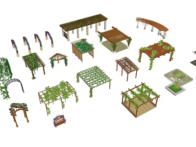 Various Garden Structures Including Pergolas Arches Gazebos And Trellises With Climbing Plants 3d model