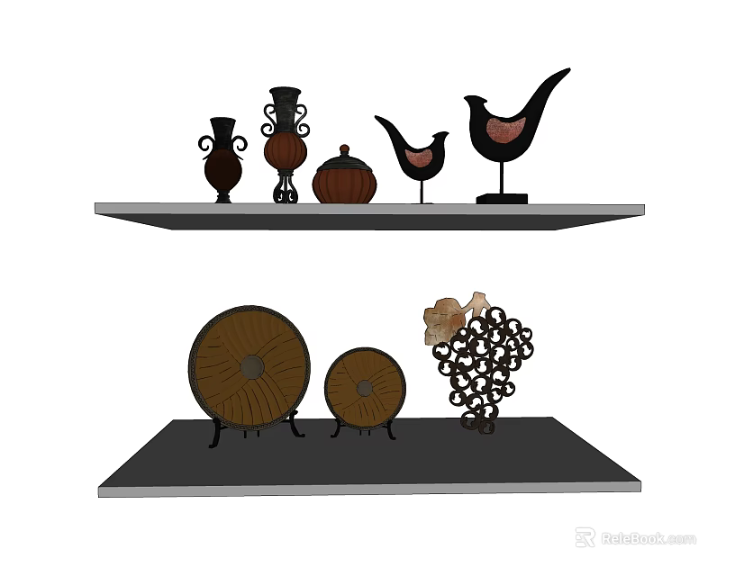 Decorative Ornament Set With Vases Pot Bird Figurines Decorative Wheels And Grape Cluster On Shelves 3d model 