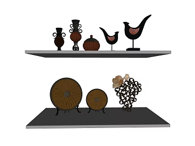 Decorative Ornament Set With Vases Pot Bird Figurines Decorative Wheels And Grape Cluster On Shelves 3d model