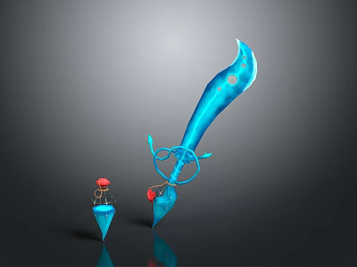 Blue Decorative Weapon Sword With Curved Transparent Blade Red Accents And Small Accessory 3d model