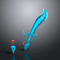 Blue Decorative Weapon Sword With Curved Transparent Blade Red Accents And Small Accessory