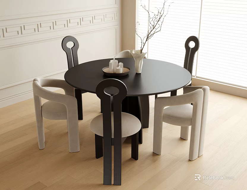 Modern Black Round Dining Table with Four Chairs Featuring Black Frames and Light Seats 3d model 