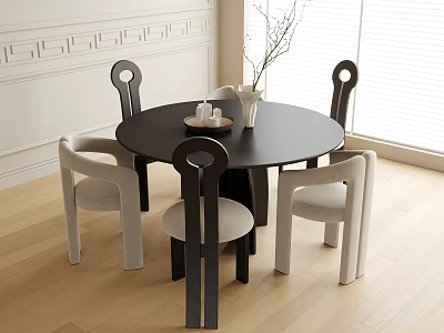 Modern Black Round Dining Table with Four Chairs Featuring Black Frames and Light Seats 3d model