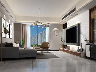 Modern Luxury Living Room With Marble TV Wall And Cozy Full Home Interior Design 3d model