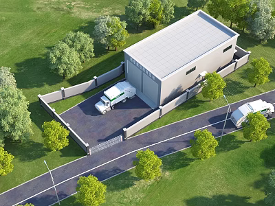 Industrial Warehouse Surrounded by Green Trees Fence and Lawn with Trucks on Road 3d model