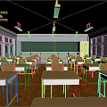 Well Lit School Classroom With Wooden Desks Chairs Green Blackboard Windows And Orange Floor