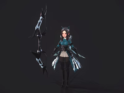 Ornate Game Character With Teal Green Costume Feathered Details And Decorative Bow 3d model