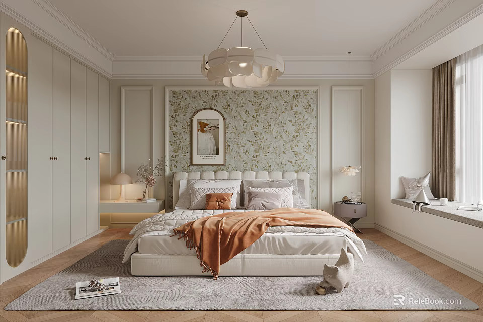 Cozy Bedroom Interior Design With Floral Wallpaper Round Mirror Chandelier And Soft Rug 3d model 