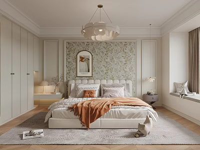 Cozy Bedroom Interior Design With Floral Wallpaper Round Mirror Chandelier And Soft Rug 3d model