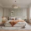 Cozy Bedroom Interior Design With Floral Wallpaper Round Mirror Chandelier And Soft Rug