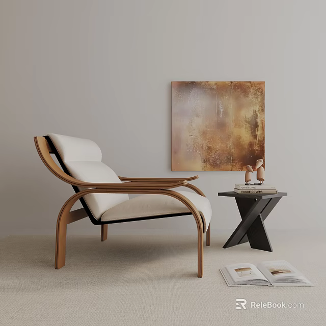 Modern Leisure Chair With Wooden Frame White Cushion Side Table And Wall Art 3d model 