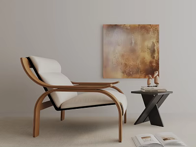 Modern Leisure Chair With Wooden Frame White Cushion Side Table And Wall Art 3d model