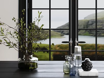 Greenery Filled Vase by Window with Scenic Mountain Lake View and Decorative Items on Table 3d model