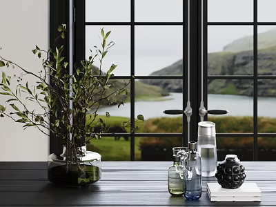 Greenery Filled Vase by Window with Scenic Mountain Lake View and Decorative Items on Table 3d model