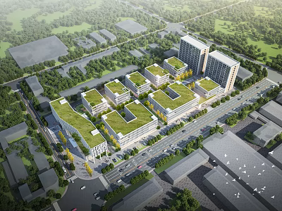 Modern Office Building Complex With Green Roofs Landscaped Areas And Surrounding Roads 3d model