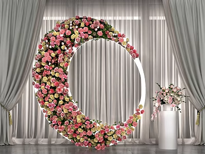 Round Floral Arch With Pink Yellow Flowers Gray Curtains And White Vase 3d model