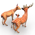 Three Deer Male With Antlers Female And Fawn Standing With Brown Bodies White Spots