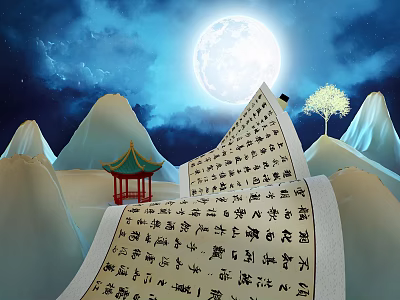 Art Installation With Moonlit Scroll Calligraphy Mountains Pavilion And Tree 3d model