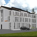 Modern Guesthouse Building With White Exterior Large Glass Windows Green Lawn And Mountain View