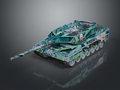 Camouflaged Military Tank With Tracks Turret And Long Cannon Barrel 3d model