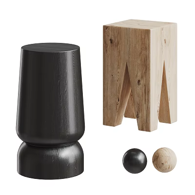 Modern Black And Wooden Stools With Contemporary Design And Unique Shapes 3d model