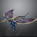 Blue Purple Dragon with Artistic White Patterned Wings Detailed Design on Dark Background