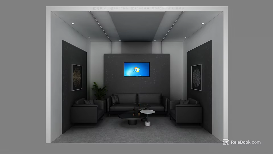 Modern Lounge Area With Black Sofa Armchairs Coffee Table TV Wall Art And Green Plant 3d model 
