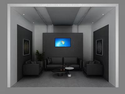 Modern Lounge Area With Black Sofa Armchairs Coffee Table TV Wall Art And Green Plant 3d model