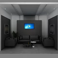 Modern Lounge Area With Black Sofa Armchairs Coffee Table TV Wall Art And Green Plant
