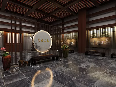 Traditional Chinese Cultural Center Interior With Wooden Structure Circular Plaque And Stone Floor 3d model