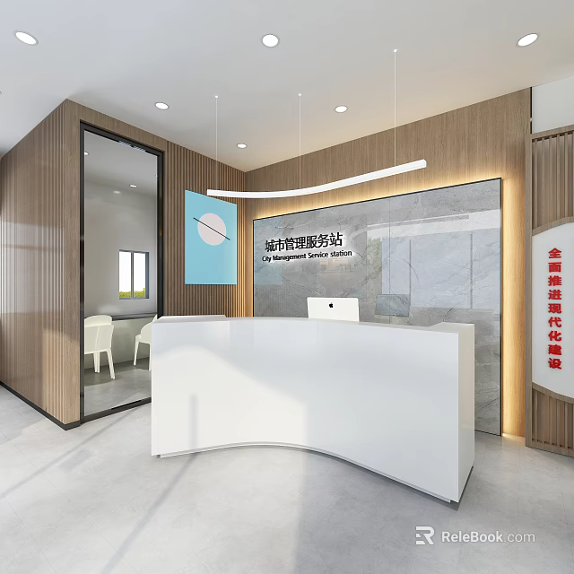 Modern Post Station Interior With White Reception Desk Wooden Walls Marble Backdrop And Hanging Lights 3d model 