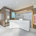Modern Post Station Interior With White Reception Desk Wooden Walls Marble Backdrop And Hanging Lights