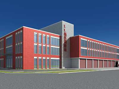 Modern Fire Station Building With Red Brick Exterior Glass Windows And Garage Doors 3d model