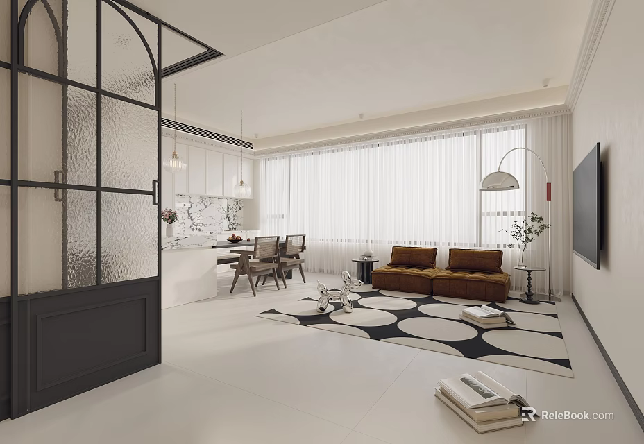 Modern Living And Dining Area Interior With Sofa Dining Table And Floor To Ceiling Windows 3d model