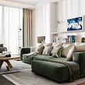 Modern Living Room Interior With Green Sofa Multiple Pillows Round Coffee Table And Fireplace