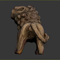 Copper Lion Statue With Curly Mane Open Mouth Standing On Dark Background With Reflection