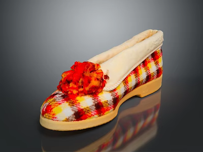 Womens Plaid Slippers with Red Flower Decoration Checkered Pattern Soft Lining Comfortable Sole 3d model