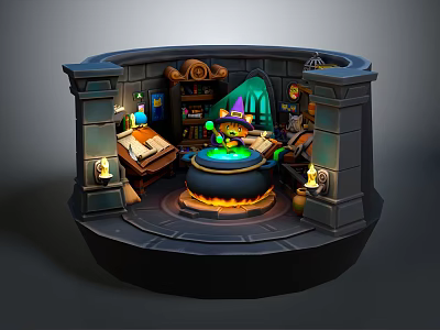 Cartoon Witch Laboratory Scene With Green Potion Cauldron Bookshelf And Magic Items 3d model