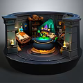 Cartoon Witch Laboratory Scene With Green Potion Cauldron Bookshelf And Magic Items 3d model