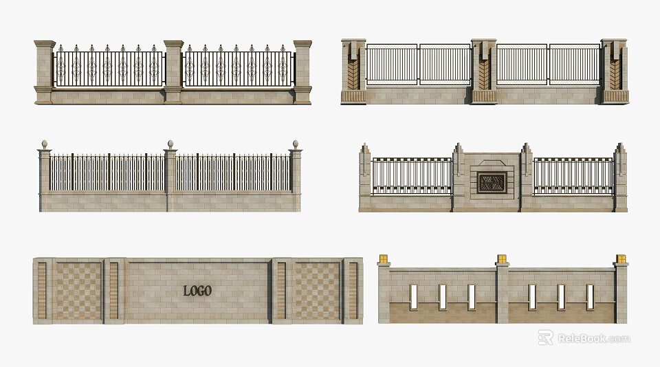 Building Exterior Wall Designs With Decorative Fences Columns Brick Patterns And LOGO Sections 3d model
