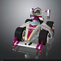 Cartoon Style White Pink Yellow Race Car With Large Wheels Rear Wing And Geometric Patterns