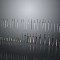 Various Types of Long and Short Swords Neatly Arranged on Grey Background With Reflection Effect