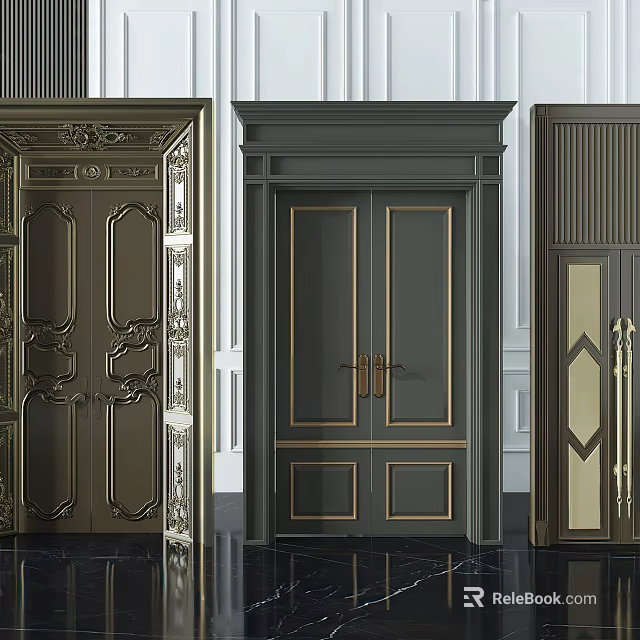 Ornate Double Entrance Doors With Carved Details And Gold Metal Hardware 3d model 