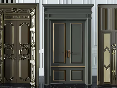 Ornate Double Entrance Doors With Carved Details And Gold Metal Hardware 3d model