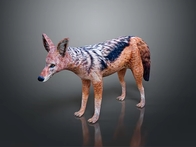 Striped Jackal With Brown And Black Fur Pointed Ears Standing On Dark Background With Reflection 3d model
