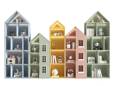 House Shaped Decorative Shelves with Multiple Colors and Various Decorative Items Books Figurines Plants 3d model