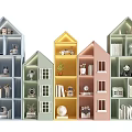 House Shaped Decorative Shelves with Multiple Colors and Various Decorative Items Books Figurines Plants