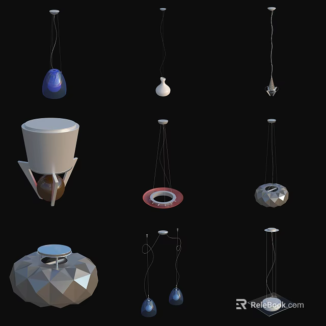 Modern Pendant Lights Featuring Different Stylish Designs On Black Background 3d model